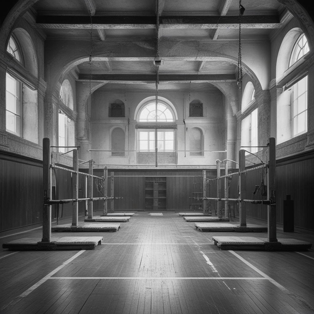 Aged black and white photograph of a classical gymnasium interior with wooden gymnastics equipment, high ceilings and arched windows, early 20th century architecture