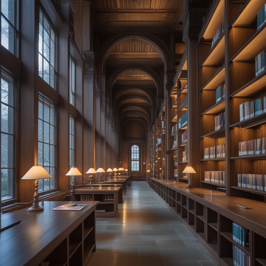 Architectural interior of a high-ceilinged library or research institute with tall wooden shelves, warm reading lamp light, dark wood tones, serious contemplative atmosphere