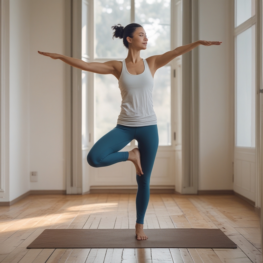 Person standing on one leg in a balanced tree pose on a wooden floor, arms relaxed, soft natural light from a window, peaceful indoor setting