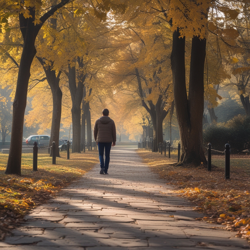 Unhurried walking path through a quiet autumn park with dappled sunlight on stone pavement, no people visible, tranquil and meditative atmosphere