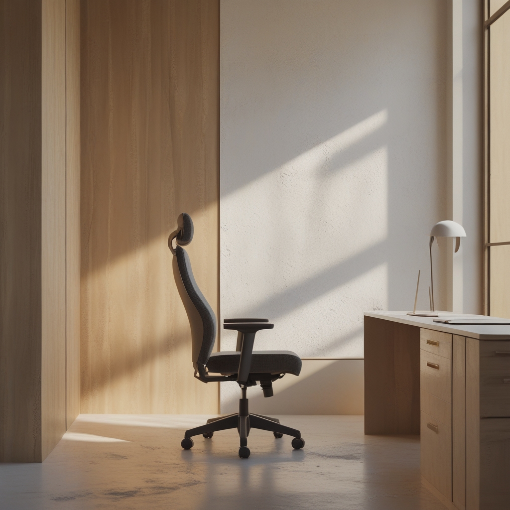 Empty ergonomic office chair with a slight forward lean adjustment, side profile view in a modern minimalist workspace with soft daylight